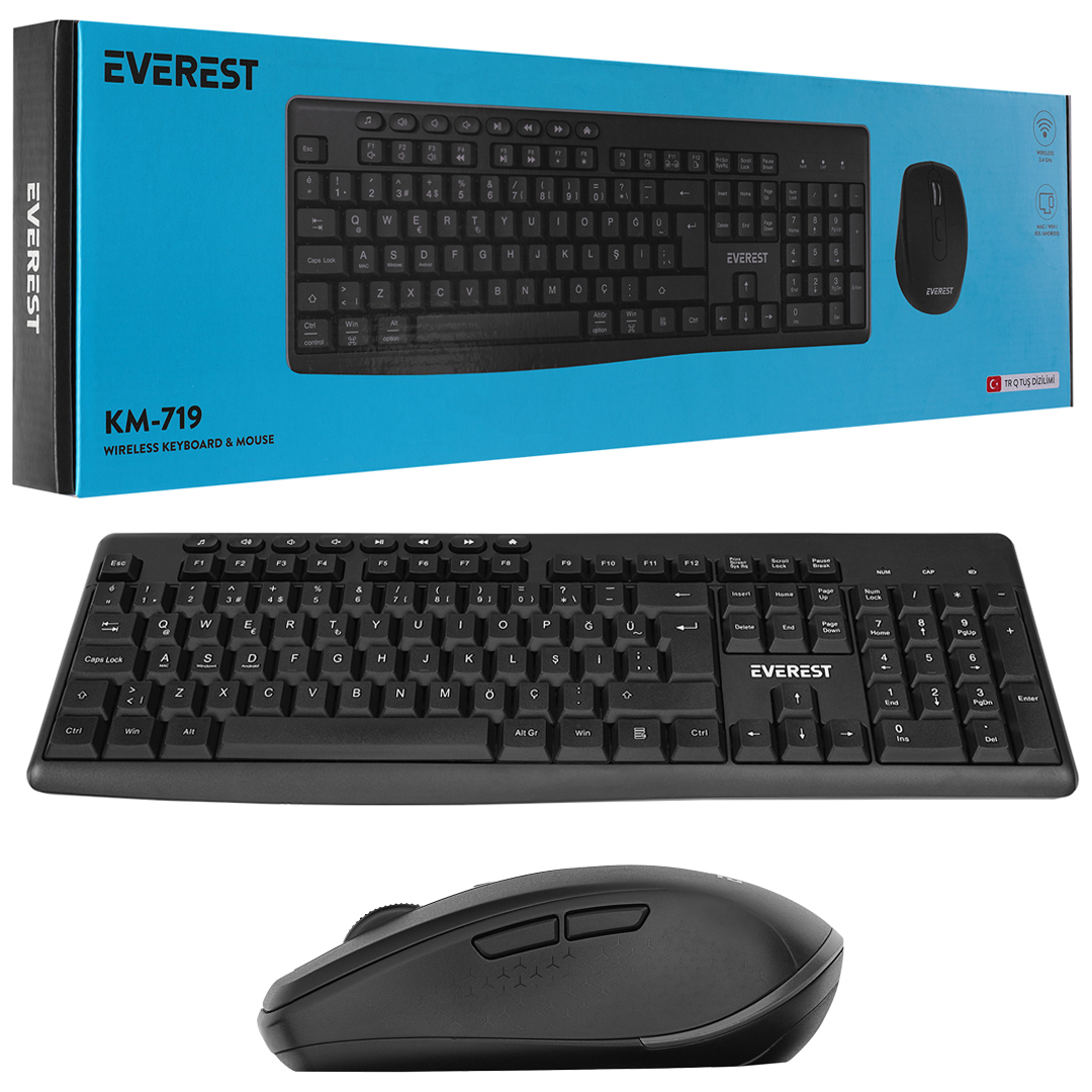 M2536-EVEREST KM-719 SİYAH İKİSİ BİR ARADA 2 IN 1 KABLOSUZ Q MULTİMEDİA KLAVYE + MOUSE SET